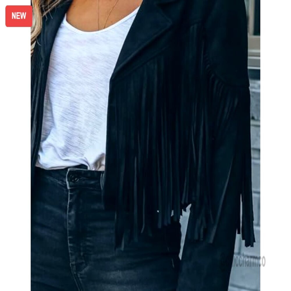 Faux Suede Cropped Fringe Jacket Women's Western Motorcycle Style - Picture 6 of 7